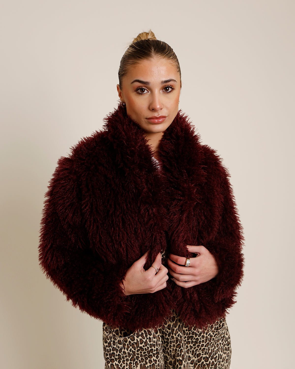 MERLOT SHAGGY FAUX FUR JACKET