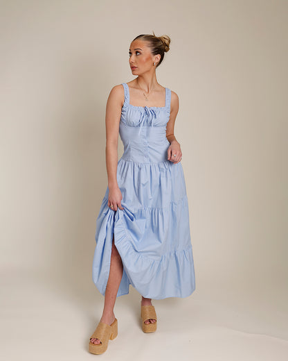BIRDS CHIRPING MILKMAID TIERED MIDI DRESS