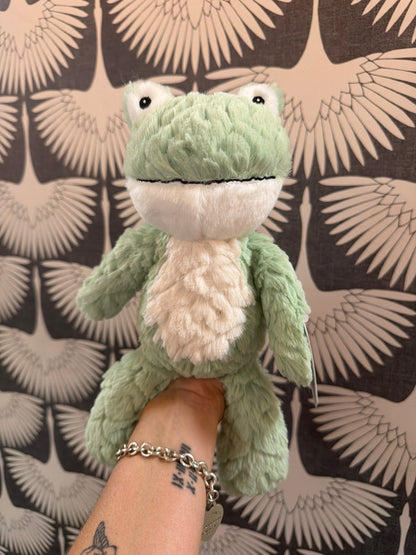 Mary Meyer green plush frog stuffed animal with white belly, soft textured fur
