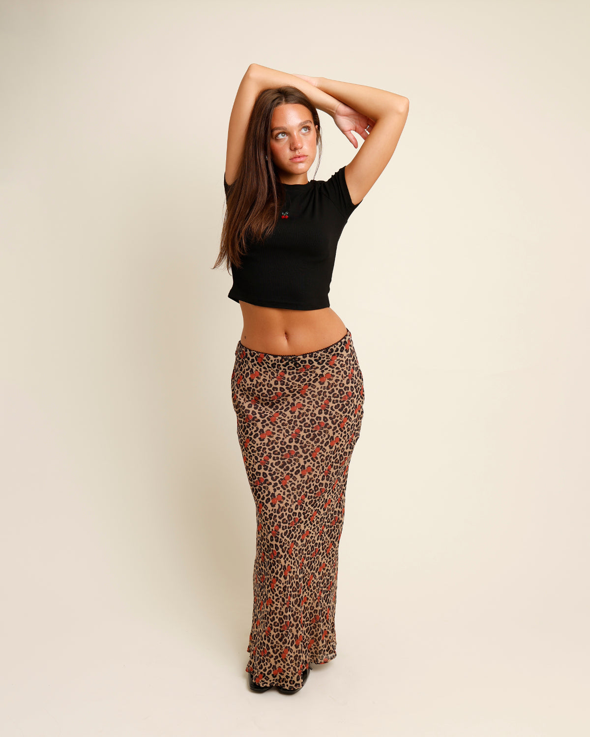 FERAH LEOPARD & CHERRY PRINT LACE TRIM MIDI SKIRT