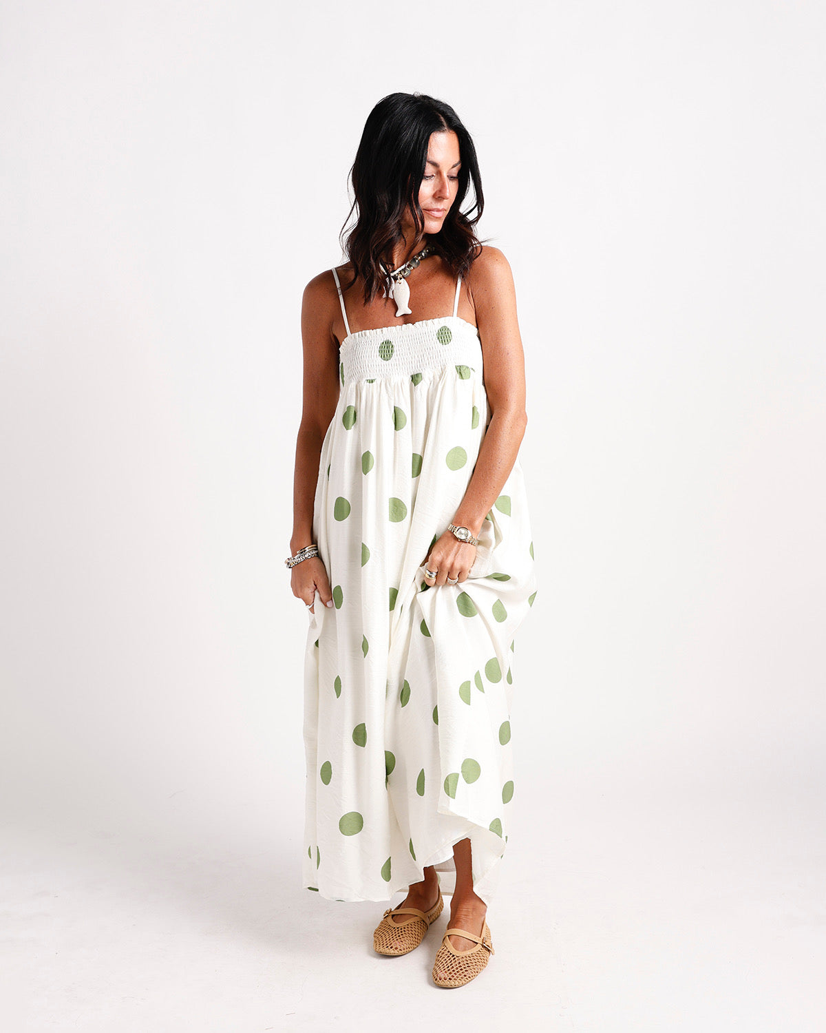 Pistachio Polka Dot Maxi Dress with Smocked Upper and Side Pockets medium pre-order for late august