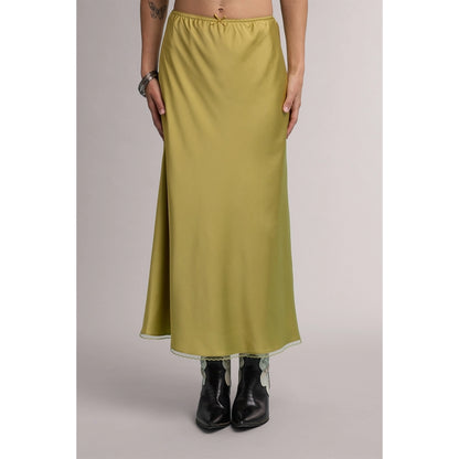 Olive green satin midi skirt with lace trim hem and elastic waist