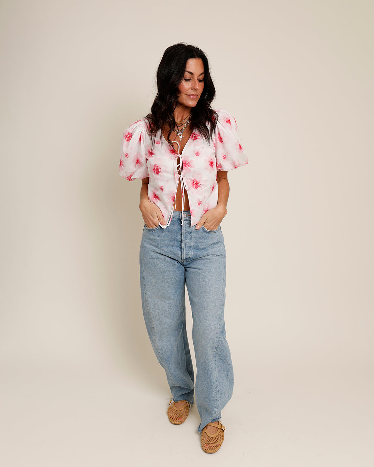 pink floral print puff sleeve tie front top