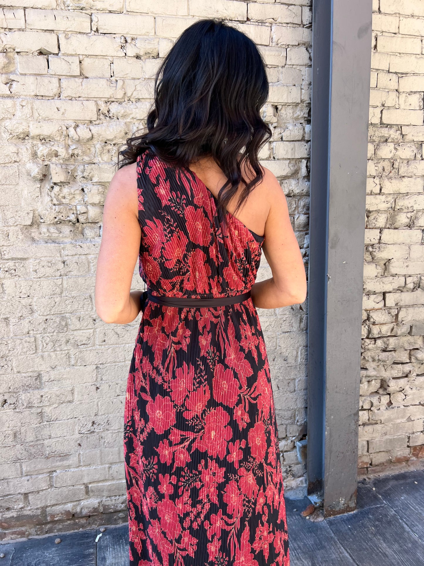 one shoulder red floral pleated maxi dress