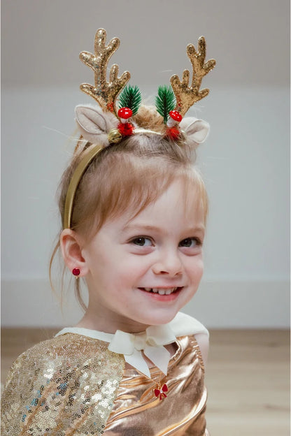 Gold glitter reindeer antler headband with mini trees, red mushrooms, and jingle bells