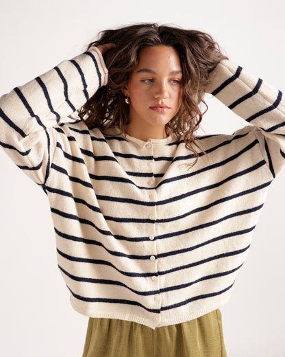 Cream and navy striped knit cardigan with small buttons, oversized fit