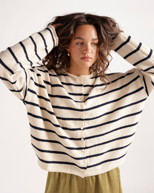Cream and navy striped knit cardigan with small buttons, oversized fit