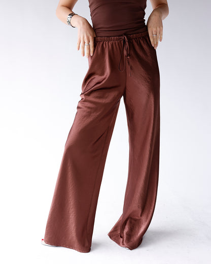 HIP CHOCOLATE SATIN WIDE LEG PANTS