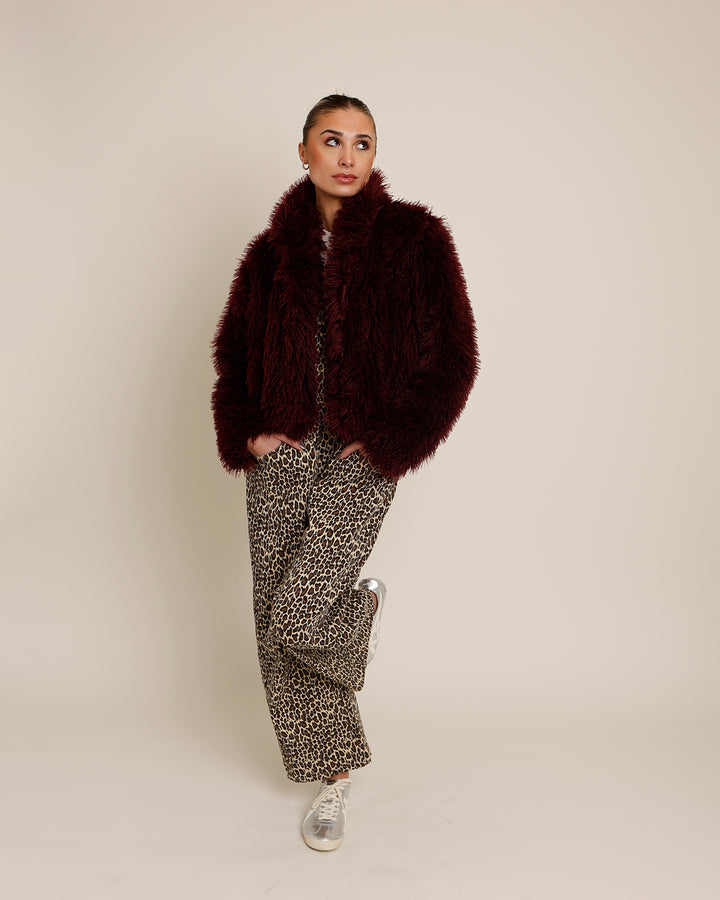 MERLOT SHAGGY FAUX FUR JACKET