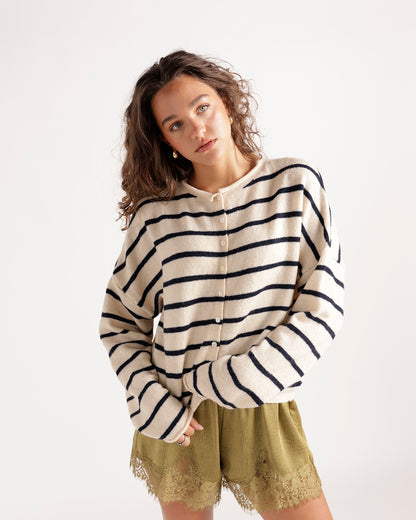 Ivory and navy stripe knit button-front cardigan with long sleeves