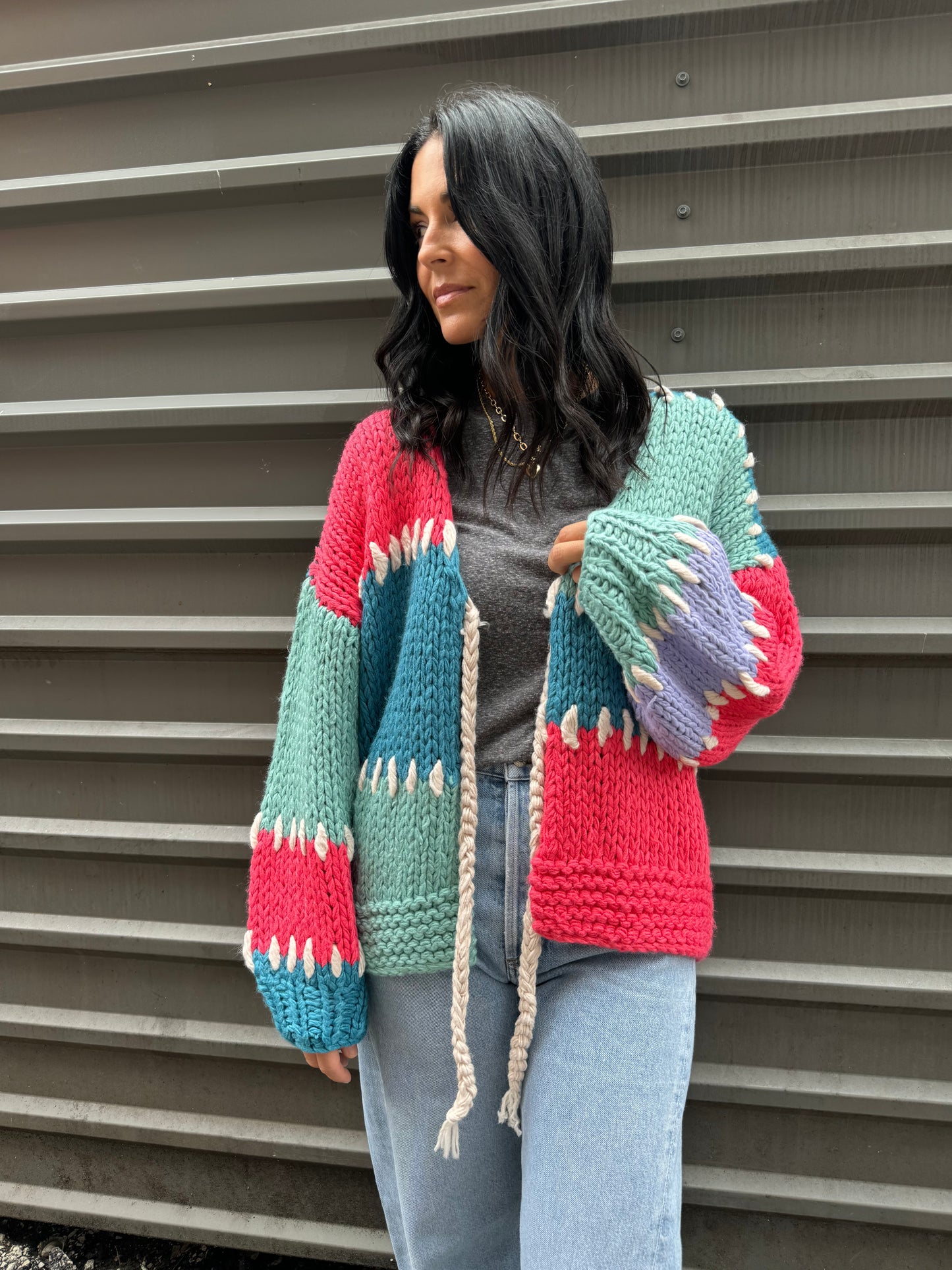 colorful chunky knit cardigan tie-front