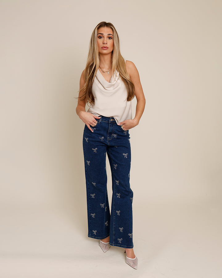 RHINESTONE BOW WIDE LEG JEANS