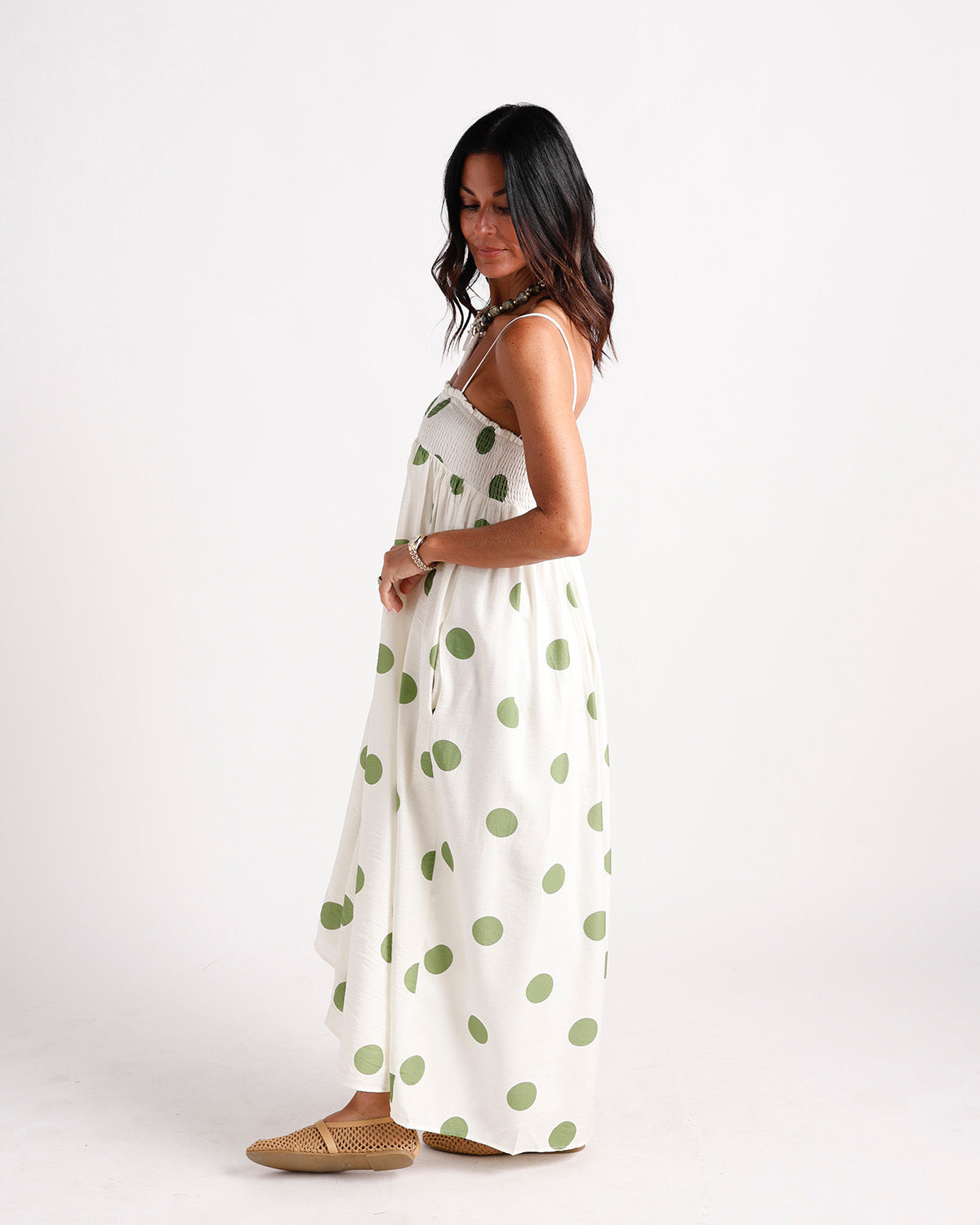 polka dot flowy dress Pistachio Maxi with Smocked Upper and Side Pockets medium Party Sexy bust gathering Hemline Sleeveless Boatneck Fit & Costume Size:S