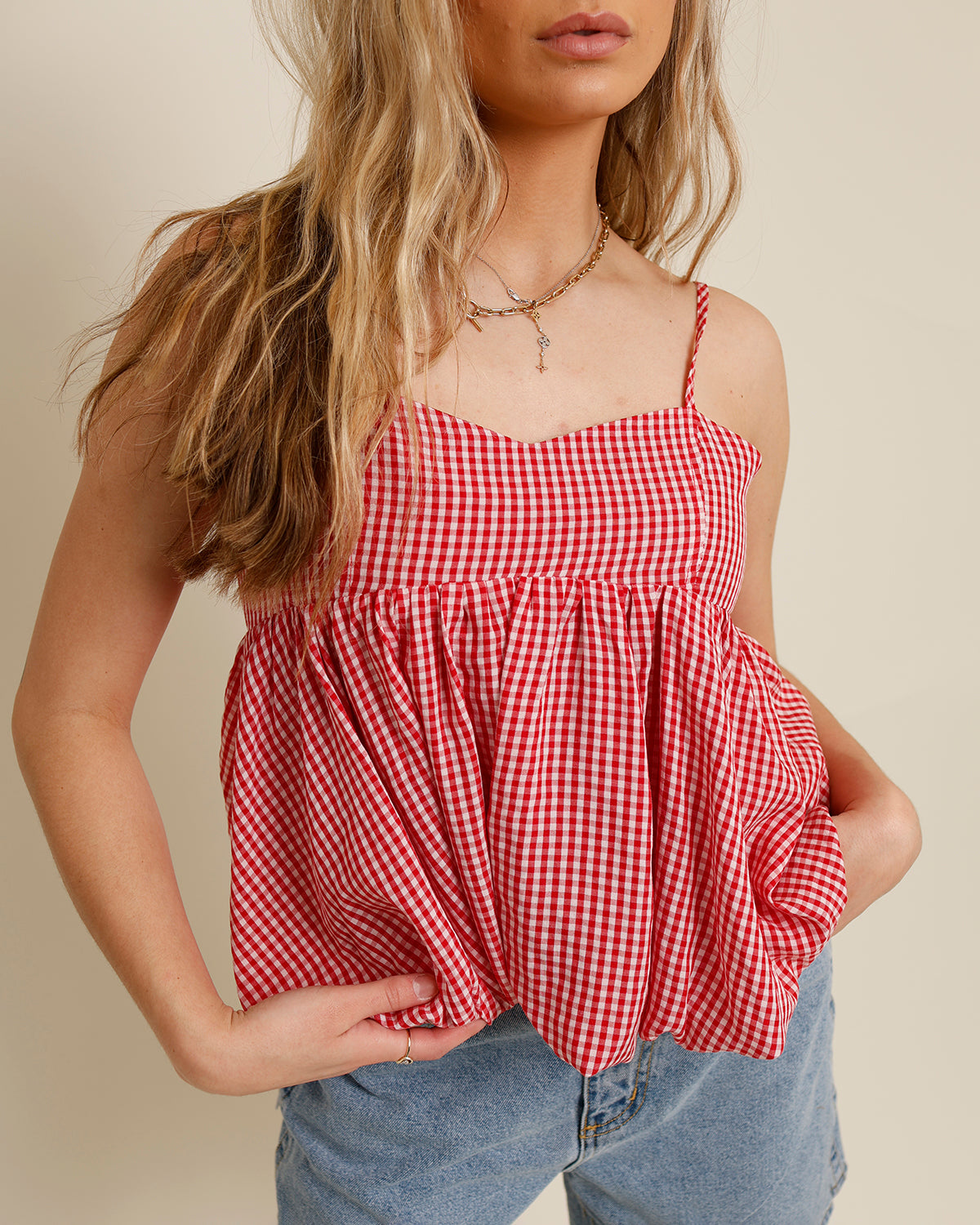 THAT'S MY JAM RED GINGHAM BUBBLE HEM TOP
