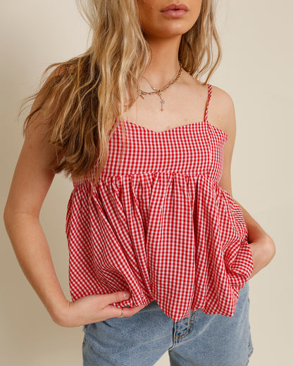 THAT'S MY JAM RED GINGHAM BUBBLE HEM TOP