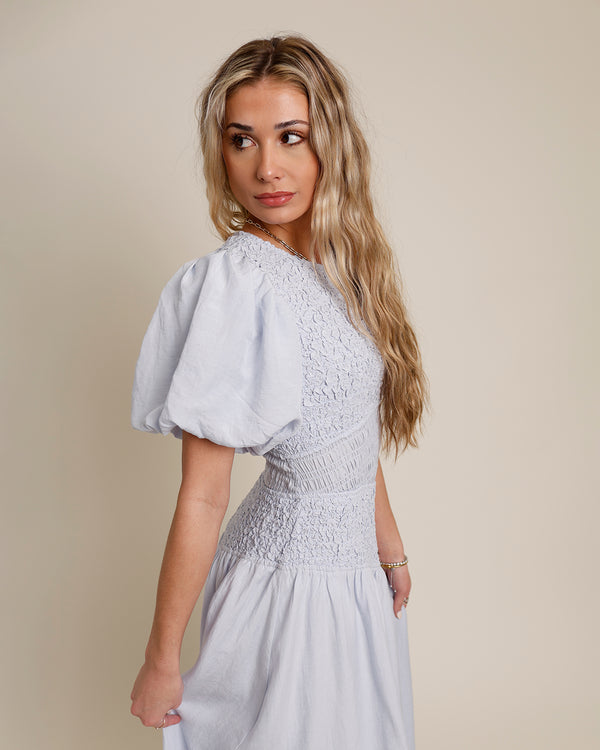 ASTR THE LABEL THEONI SMOCKED ASYMMETRICAL DRESS