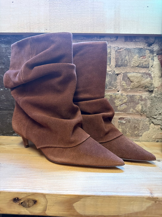 Steve Madden Lennox taupe suede slouchy kitten heel pointed-toe mid-calf boots