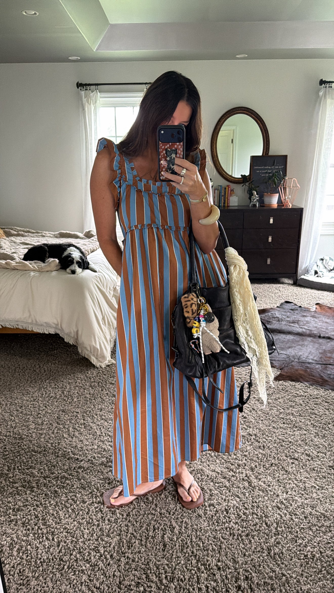 Blue and brown vertical striped ruffle-shoulder midi dress with flip flops