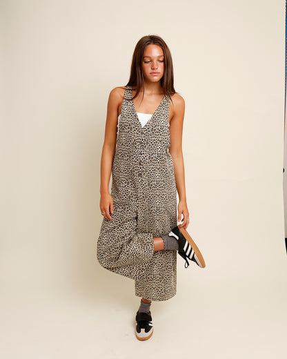 MESA LEOPARD PRINT DENIM OVERALLS