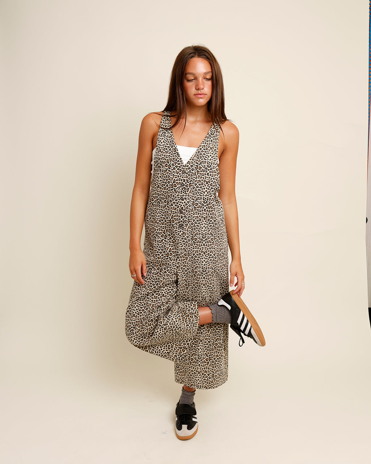 MESA LEOPARD PRINT DENIM OVERALLS
