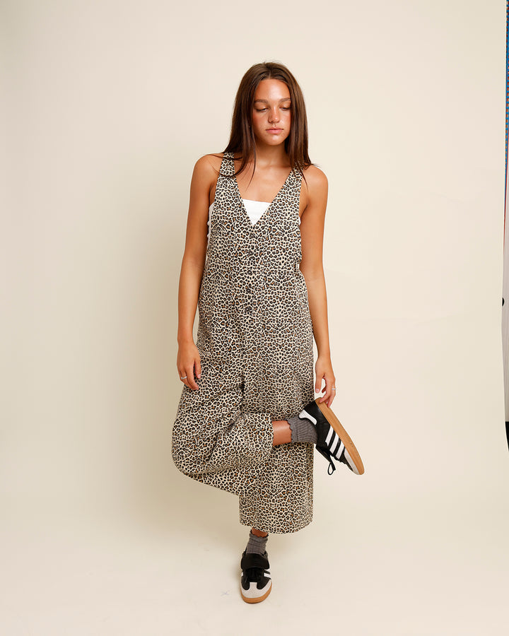 MESA LEOPARD PRINT DENIM OVERALLS