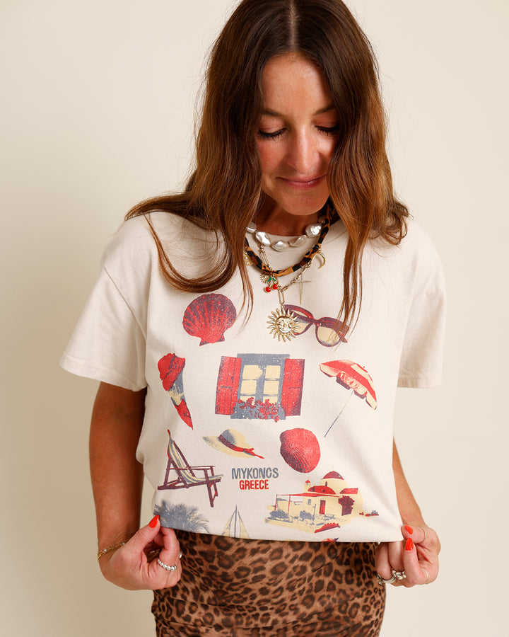 MYKONOS GREECE COLLAGE PRINT TEE