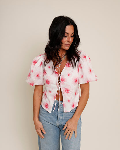 pink floral print puff sleeve tie front top