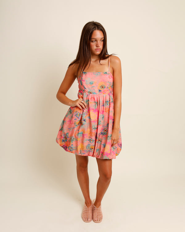 PAINT THE TOWN WATERCOLOR BUBBLE HEM MINI DRESS
