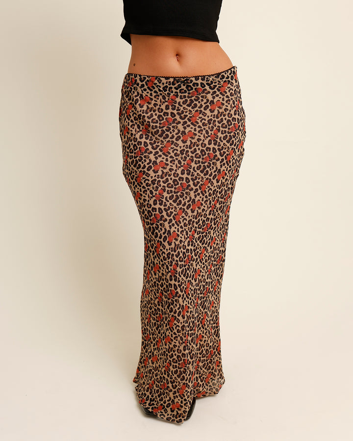 FERAH LEOPARD & CHERRY PRINT LACE TRIM MIDI SKIRT