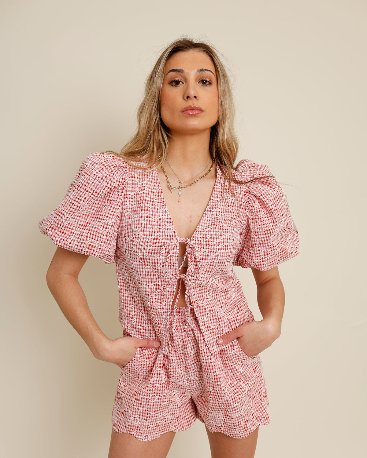 Red and white gingham tie-front top
