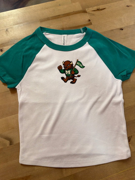 White raglan baby tee with teal sleeves and Marshall University bison mascot graphic
