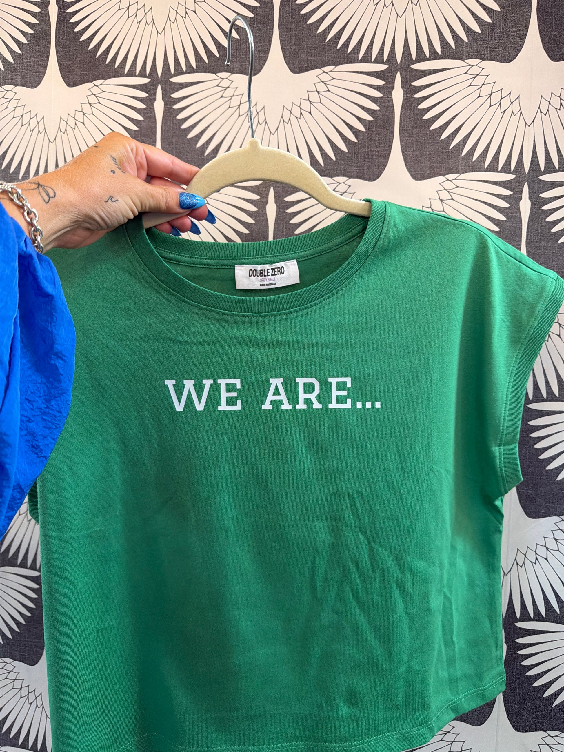 Kelly green muscle tee with WE ARE... text print by Double Zero