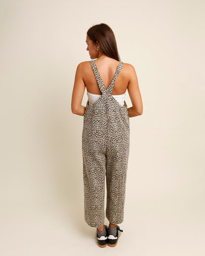 MESA LEOPARD PRINT DENIM OVERALLS