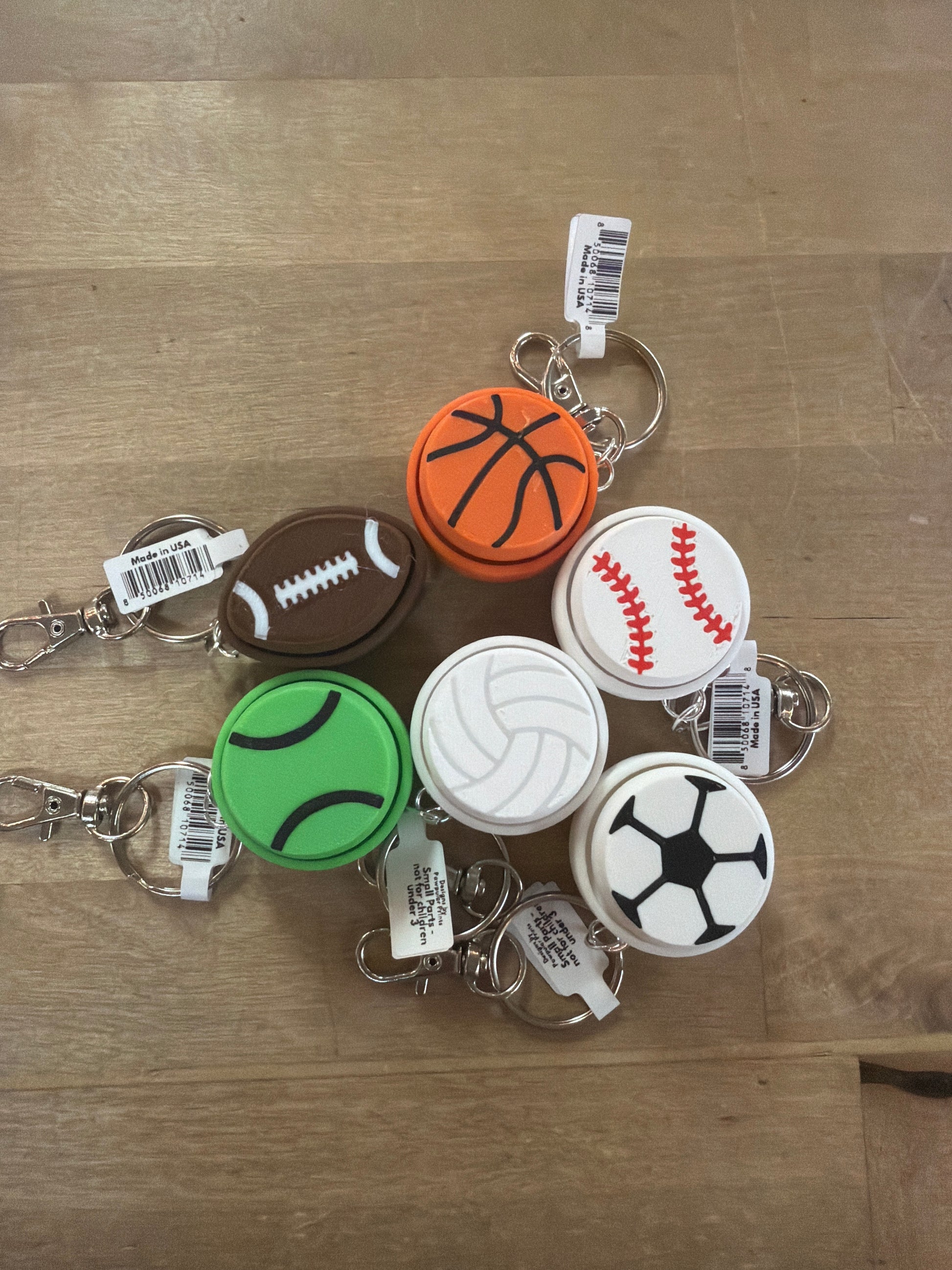 Six sports ball silicone keychains: basketball, football, tennis, volleyball, baseball, soccer