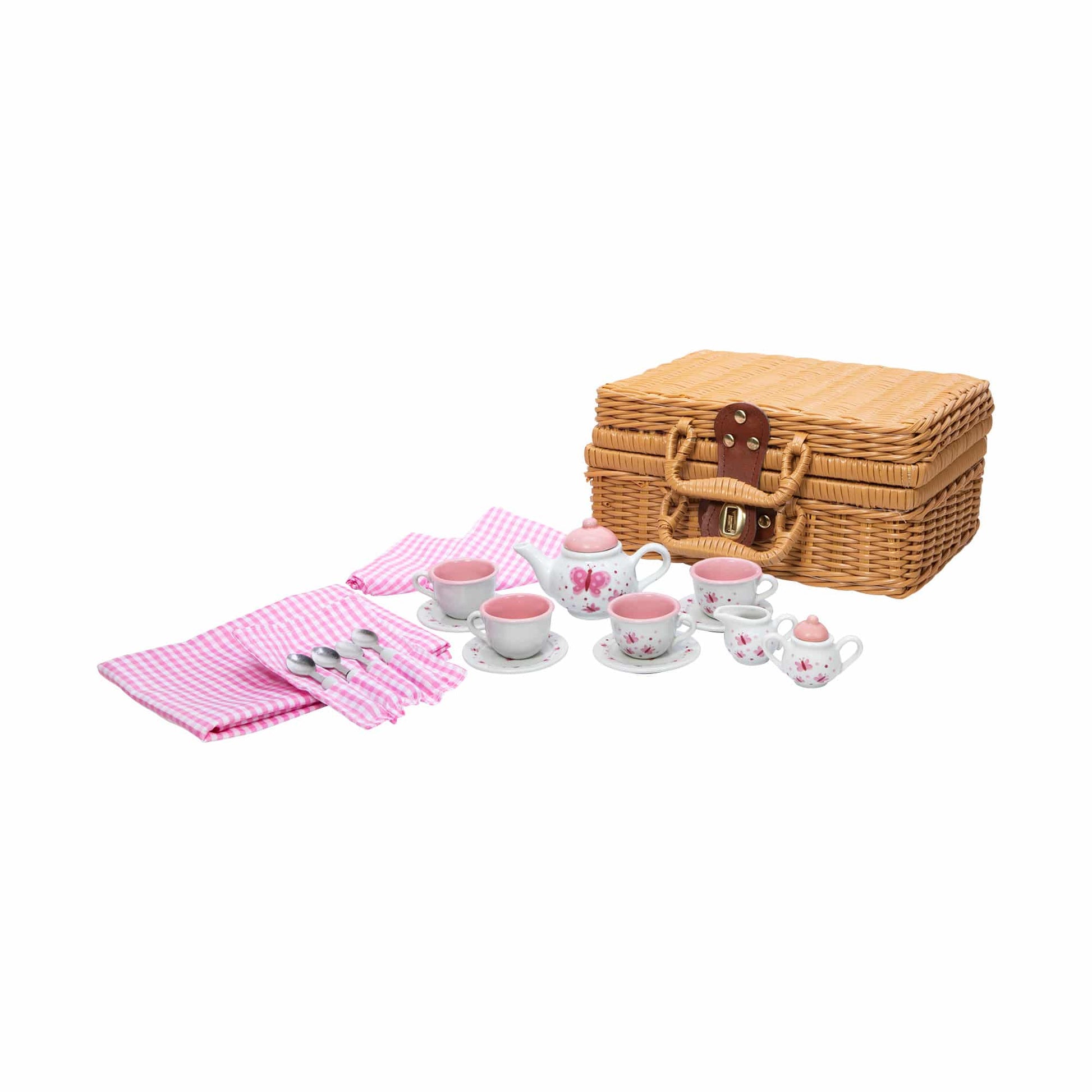 Wicker basket tea set with pink butterfly porcelain cups, teapot, and gingham napkins