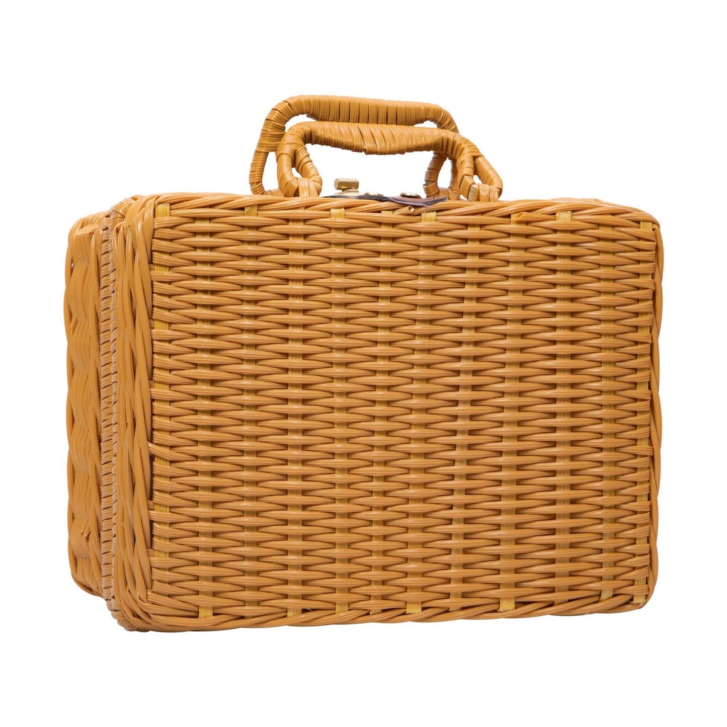Woven wicker suitcase-style basket with handle and brass clasp closure