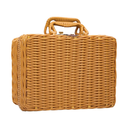 Woven wicker suitcase-style basket with handle and brass clasp closure