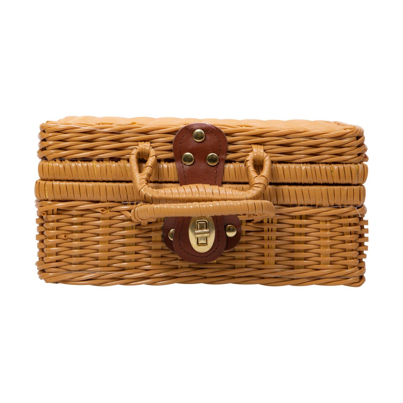 Small wicker basket with hinged lid, leather strap closure, and brass latch