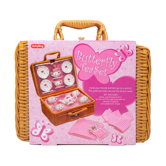 Pink butterfly porcelain tea set in wicker basket with gingham lining and handle