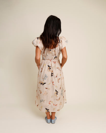 tan puff sleeve butterfly print midi dress