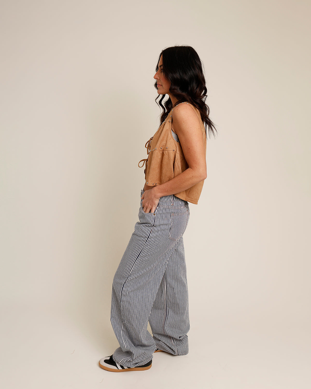 JOLENE TIE-FRONT STUDDED SUEDE VEST TOP