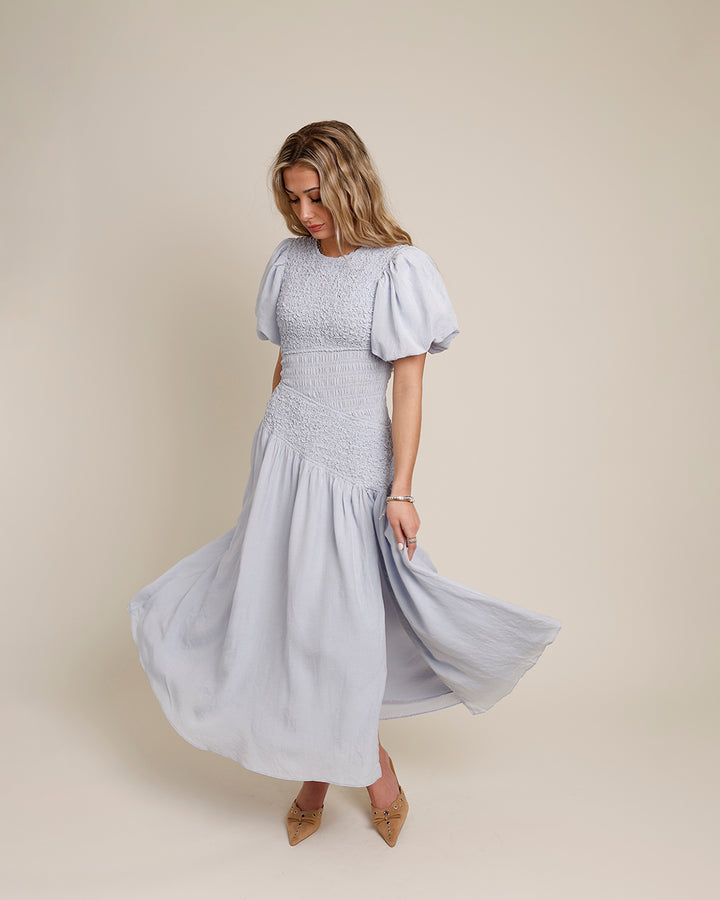 ASTR THE LABEL THEONI SMOCKED ASYMMETRICAL DRESS