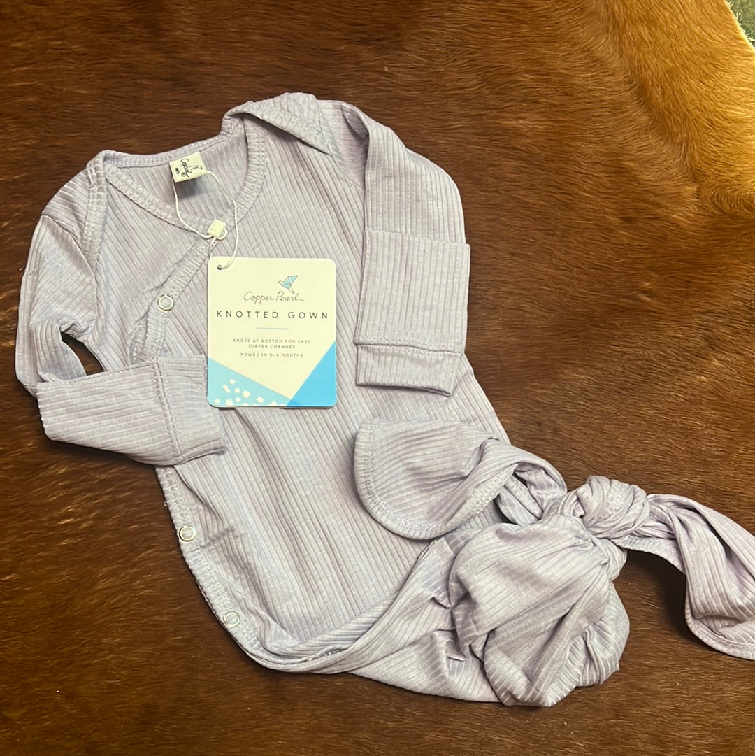 COPPER PEARL NEWBORN KNOTTED GOWN IN PERIWINKLE