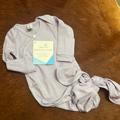 COPPER PEARL NEWBORN KNOTTED GOWN IN PERIWINKLE