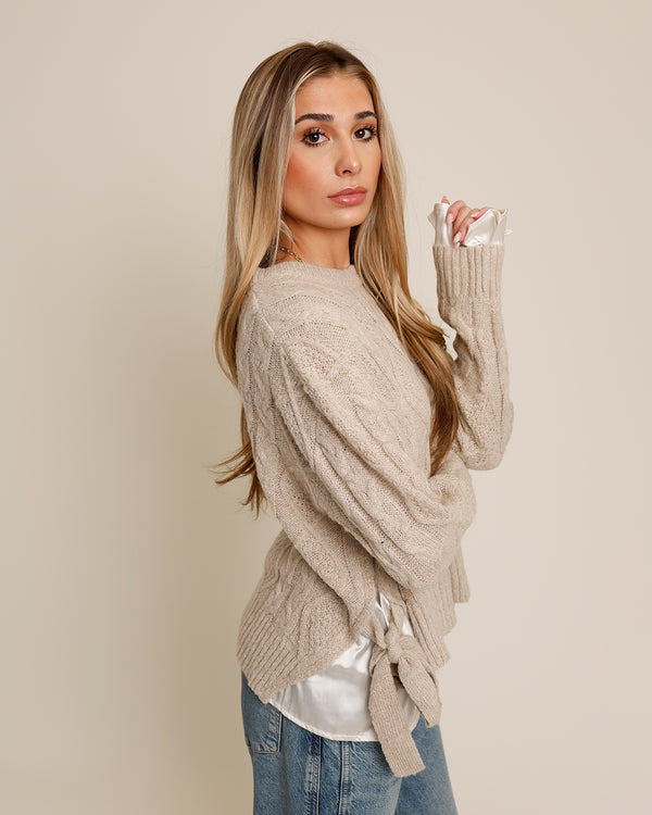 LAYERED CABLE KNIT PULLOVER X BEIGE