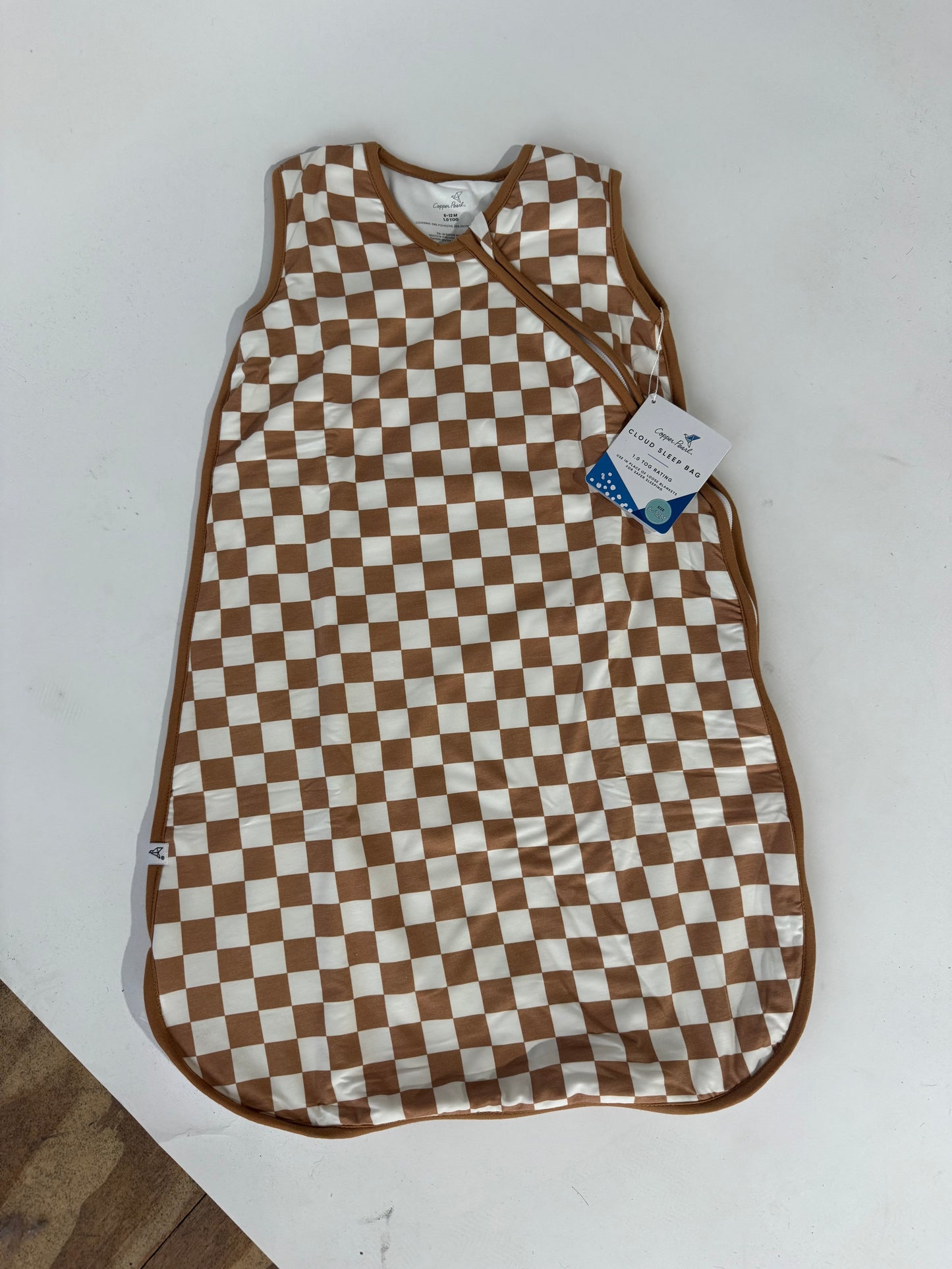 Copper Pearl Cloud Sleep Bag in brown and cream checkered pattern, 1.0 TOG, size 9-12M
