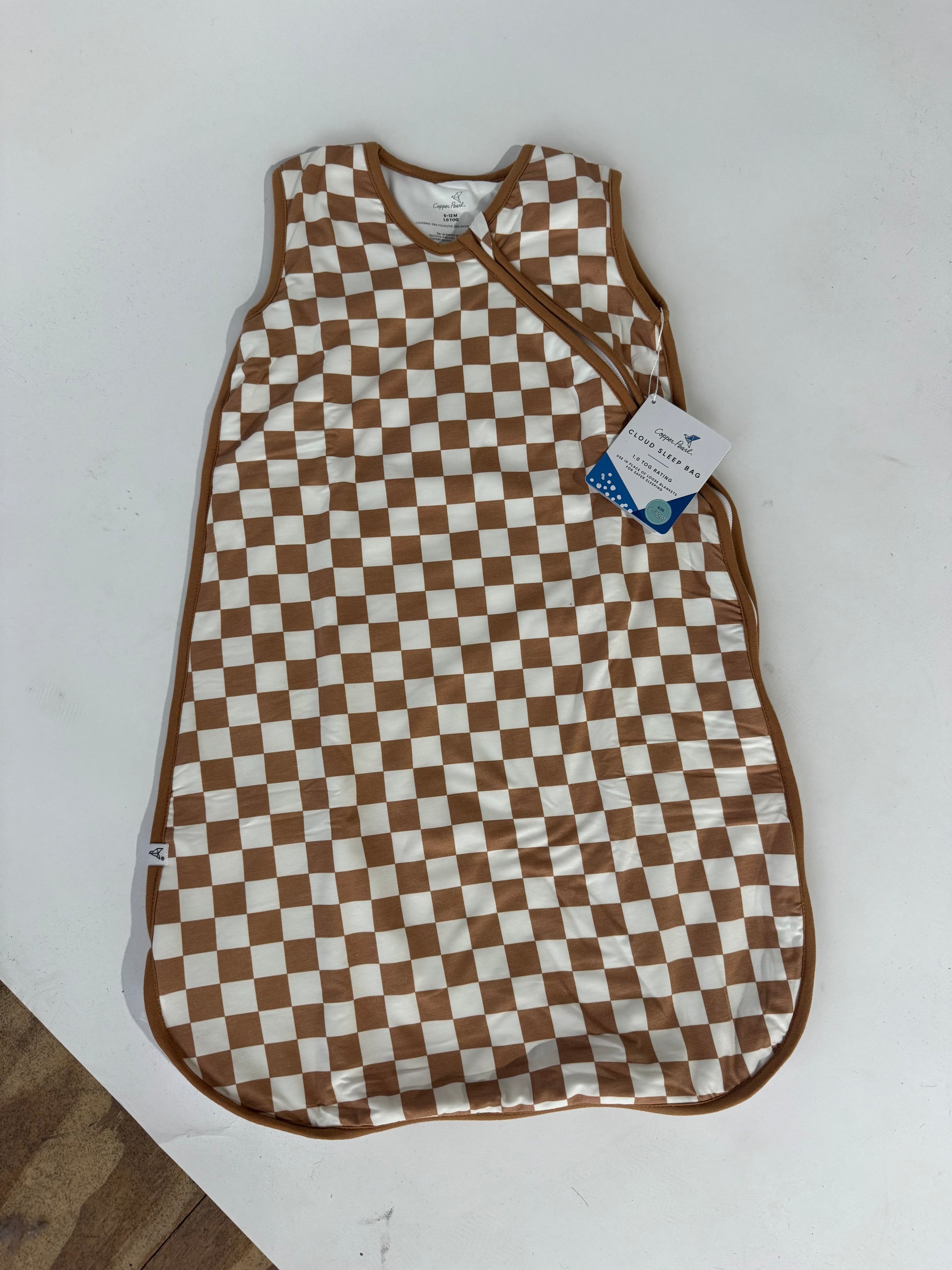Copper Pearl Cloud Sleep Bag in brown and cream checkered pattern, 1.0 TOG, size 9-12M