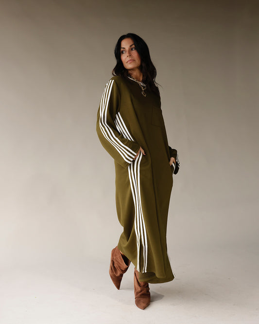 Olive green long sleeve maxi track dress with white side stripes and pockets