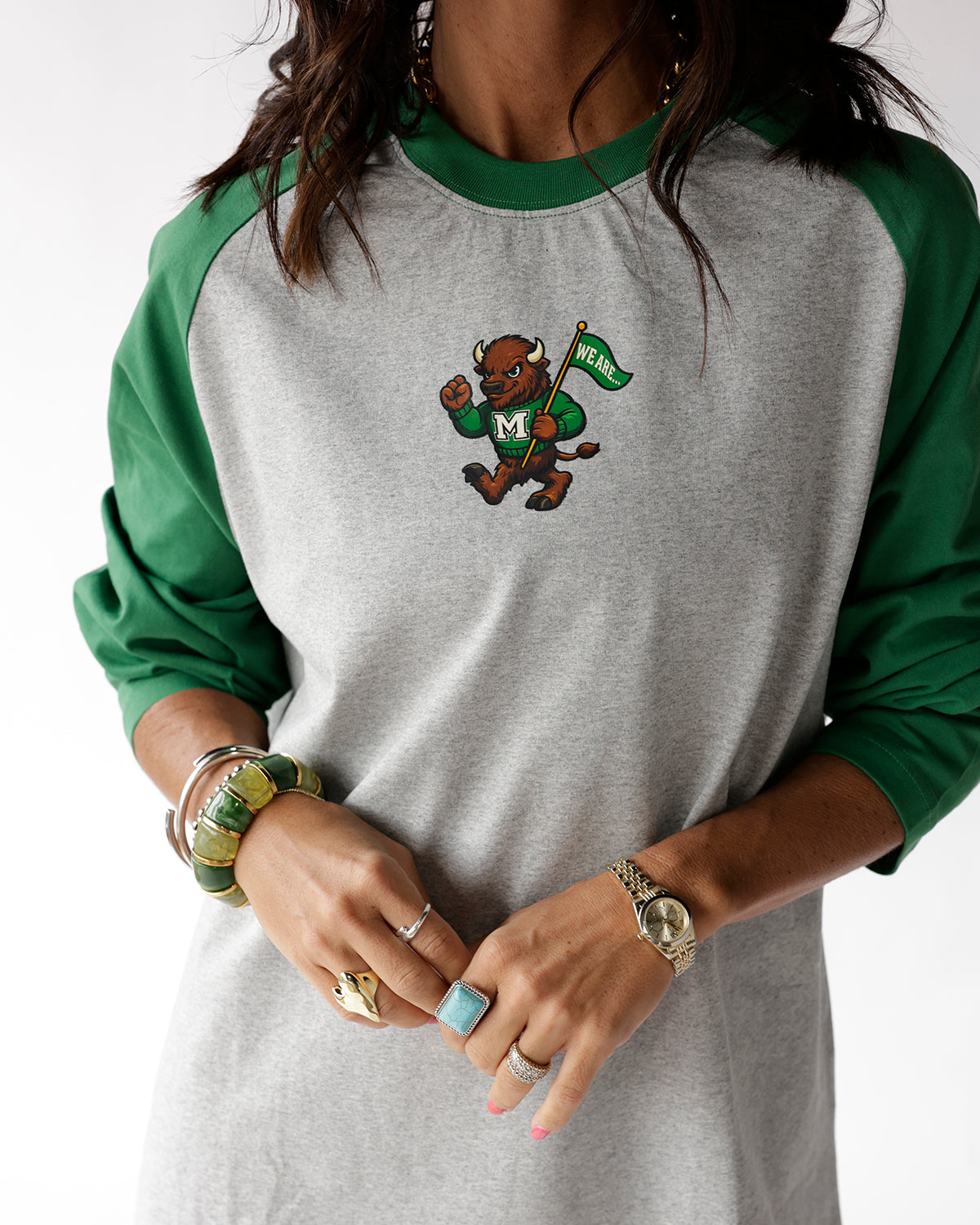 Gray and green raglan long sleeve tee with bison mascot graphic on chest