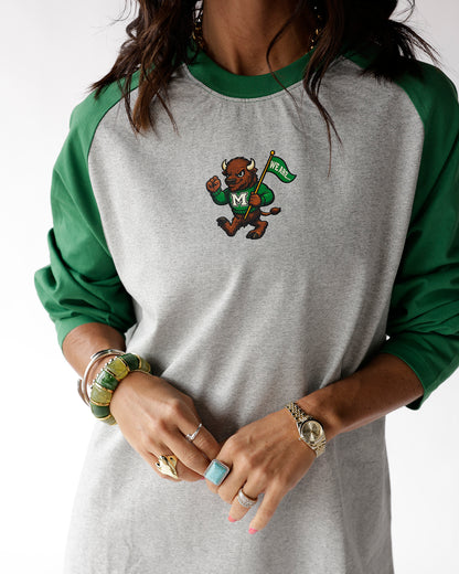 Gray and green raglan long sleeve tee with bison mascot graphic on chest